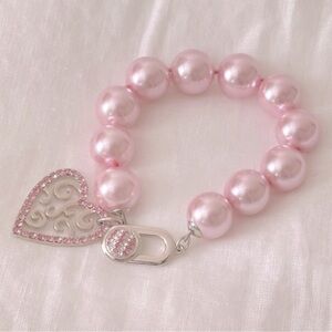 Pink Pearls Bracelet Heart Charm With Rhinestones Silver Tone Hardware One Size